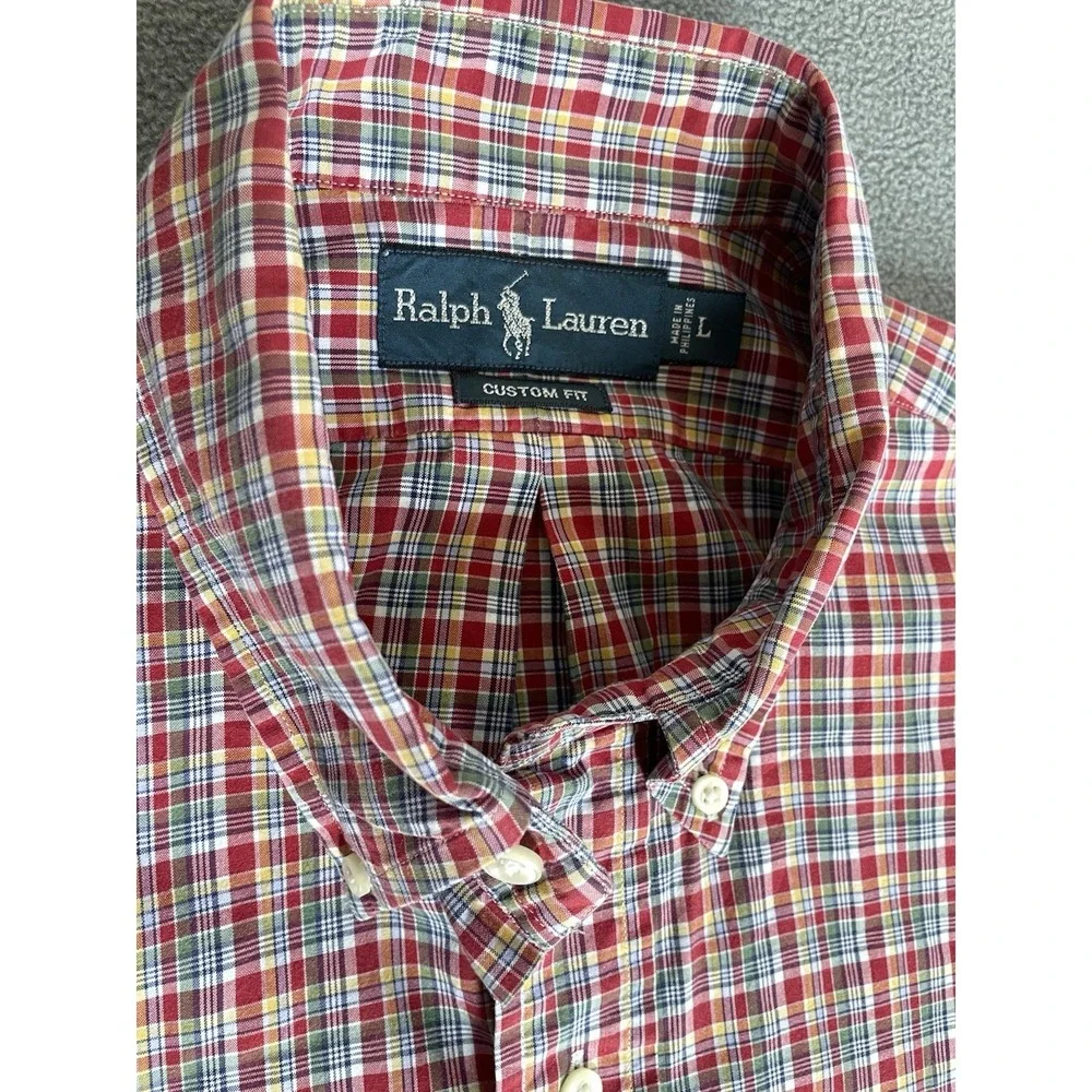 Polo‎ Ralph Lauren Custom Fit Red / Green Plaid Mens Button Down Sz Lrg